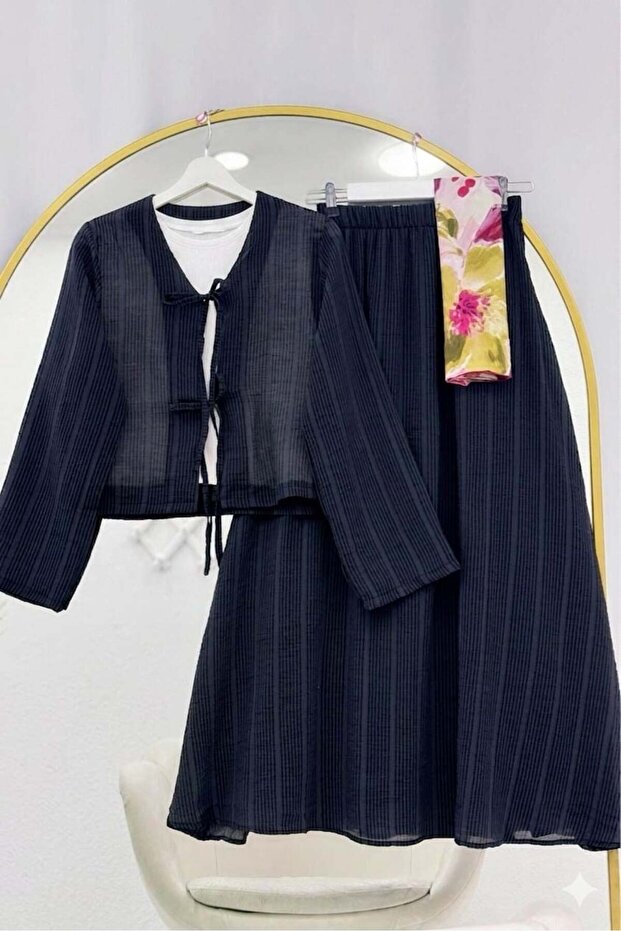 Muslin Textured Tie Skirt Set Black