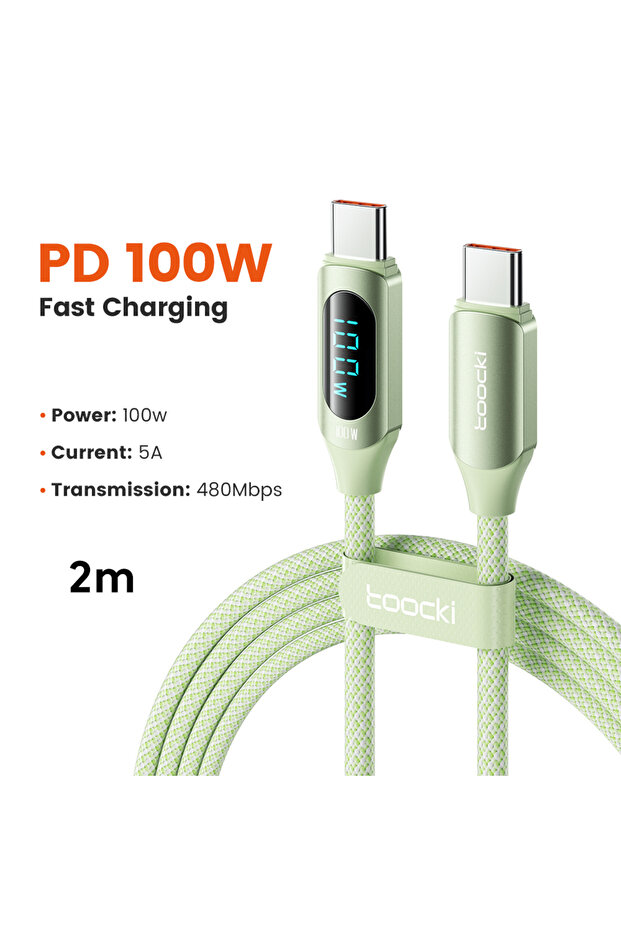 كابل توكي أخضر بطول 2 متر، USB-C إلى Type-C، 100 واط، مع شاشة رقمية للشحن السريع PD، متوفر بكميات 1/3/5 قطع