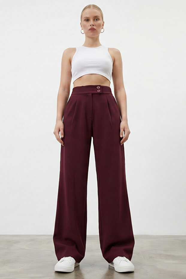 Women's Lycra Double Buttoned Stretchy Burgundy Palazzo Trousers