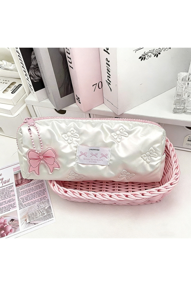Bag and Pendant Kawaii Pink Bow Pencil Case Large Capacity Storage Pencil Bags Multi-Functional Stat