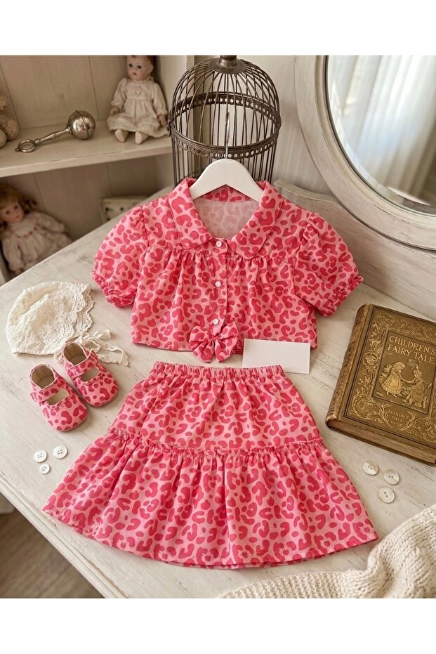 Girl's Summer Festive Leopard Pattern Skirt Crop 2-Piece Top and Bottom Set
