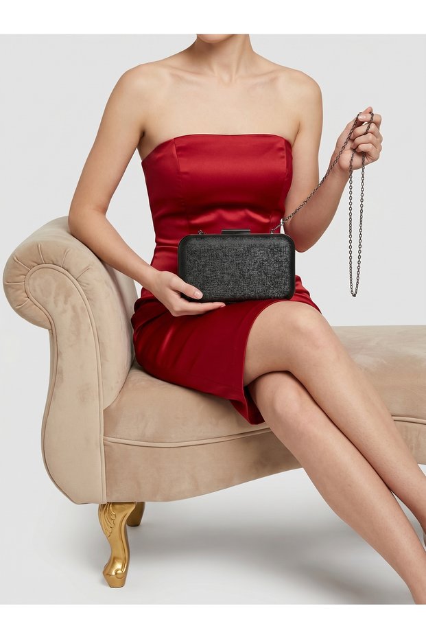 Black Crystal Pattern Women's Evening Dress Bag Black Metal and Chain Wedding Engagement Graduation