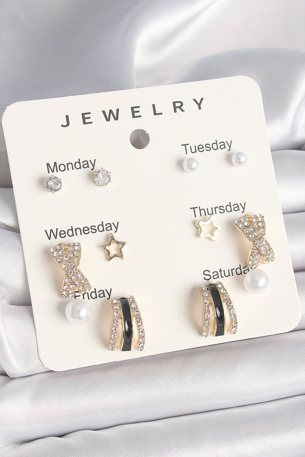 Brass Gold Color Zircon Stone Star Detailed Pearl Detailed 7& # 039;Li Set Women's Earrings S - Glst8684-292