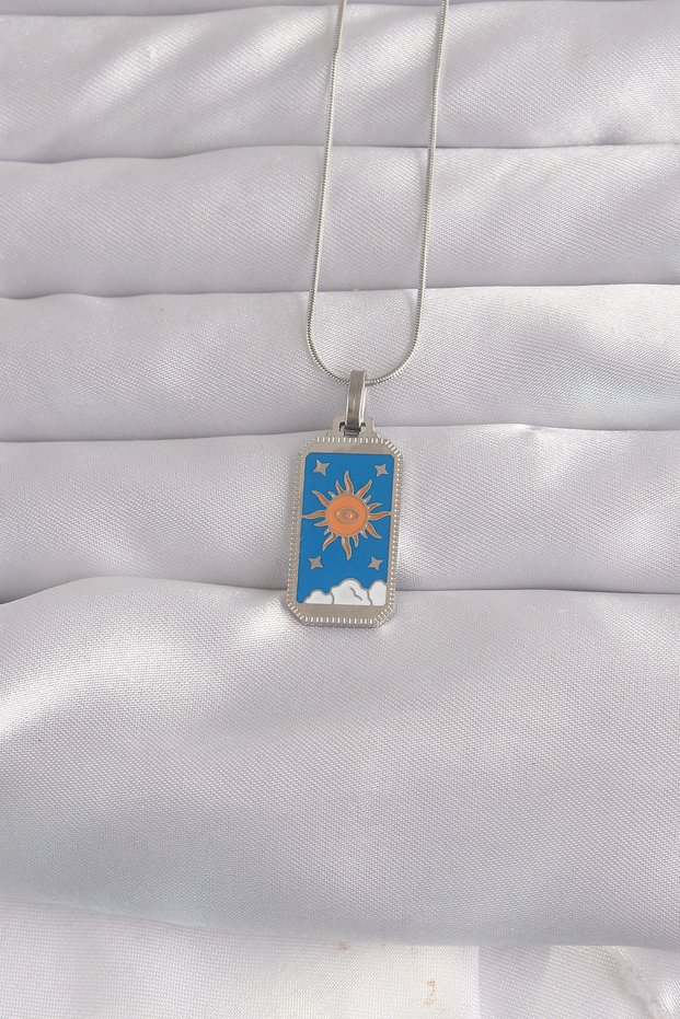 316L Steel Silver Color Blue Enamel Sun Model Tarot Necklace 5886 - Teolsa4862-2266
