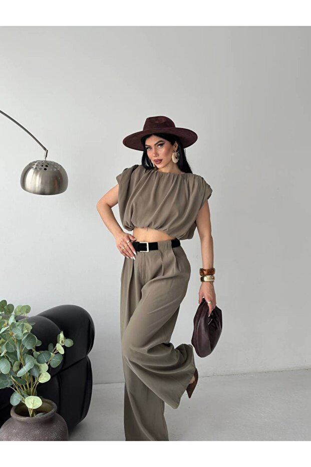 Women's Trendy Belted Trousers Padded Crop Blouse Loose Set