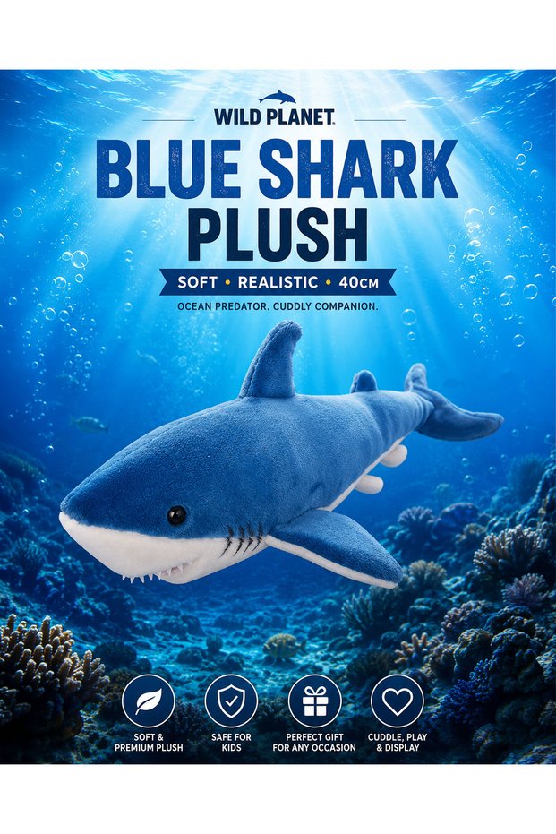 Blue Shark Plush Toy 40cm Realistic Ocean Shark Stuffed Animal Soft Marine Plush Doll for Kids Boys Girls Cuddly Sea Creature Educational Gift Bedroom Decor Collectible Toy