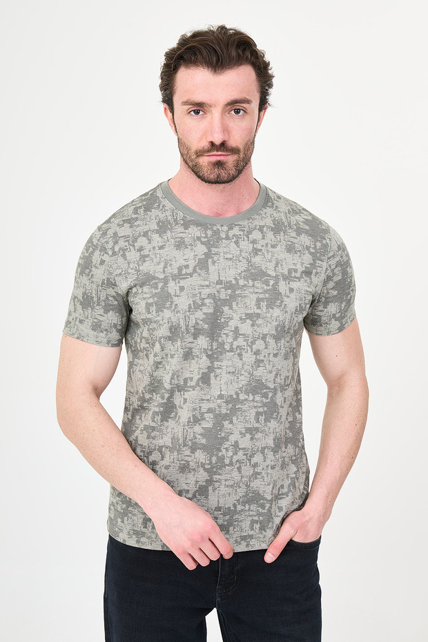Patterned Slim Fit Crew Neck Short Sleeve Men's T-Shirt Khaki - 36881.26Y