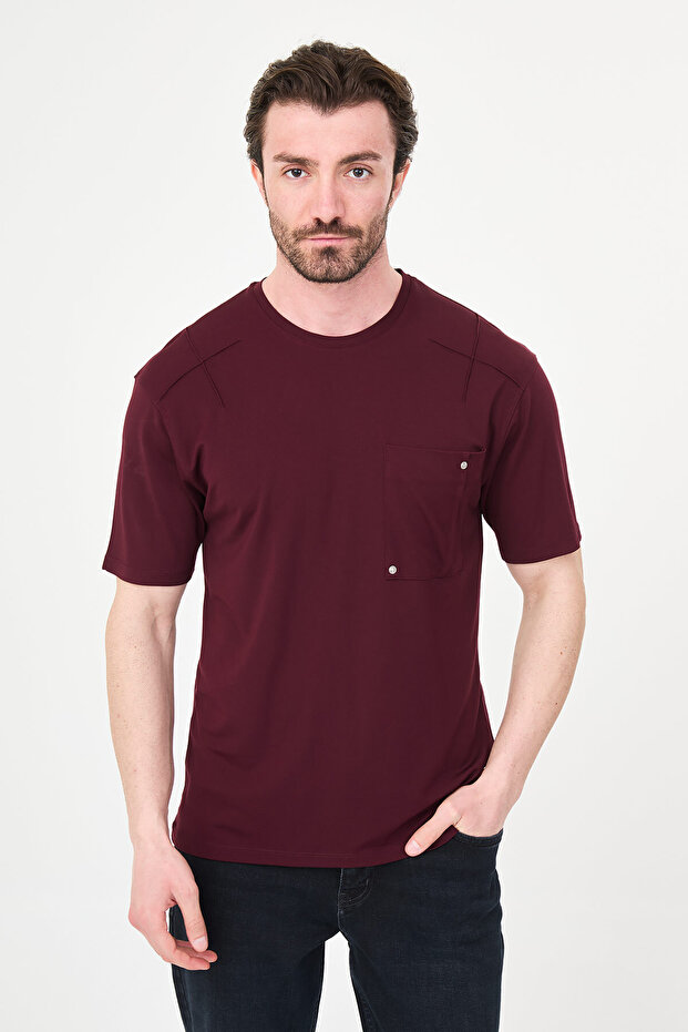 Plain Slim Fit Crew Neck Pocketed Bi-Stretch Interlock Men's T-Shirt Burgundy - 36876.26Y
