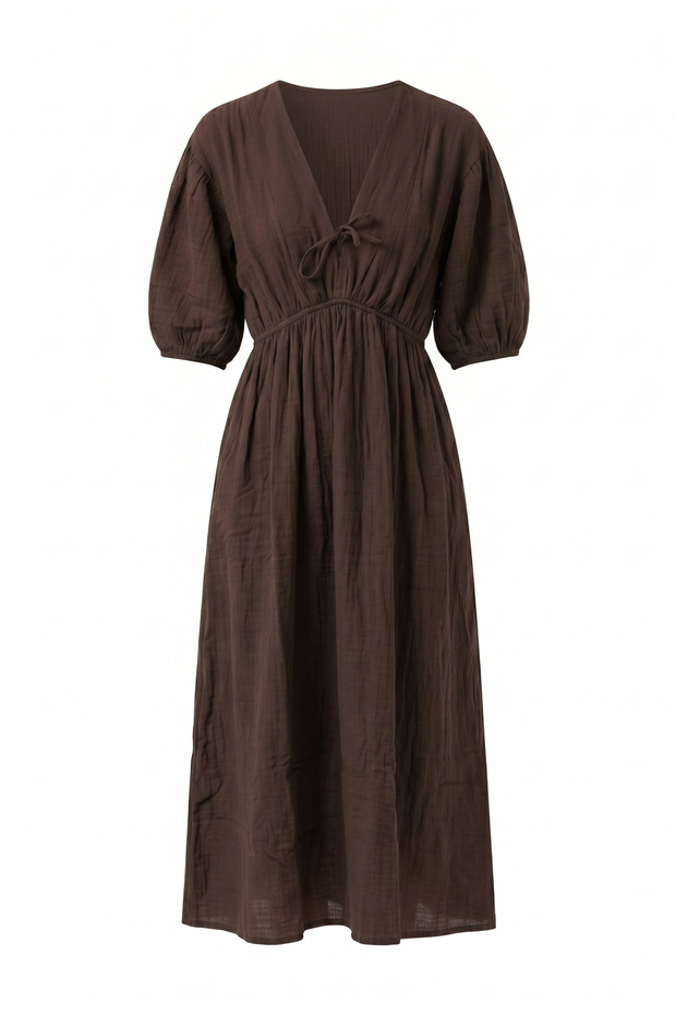 Women's V-Neck Elastic Waist Balloon Sleeve 100% Cotton Muslin Long Dress