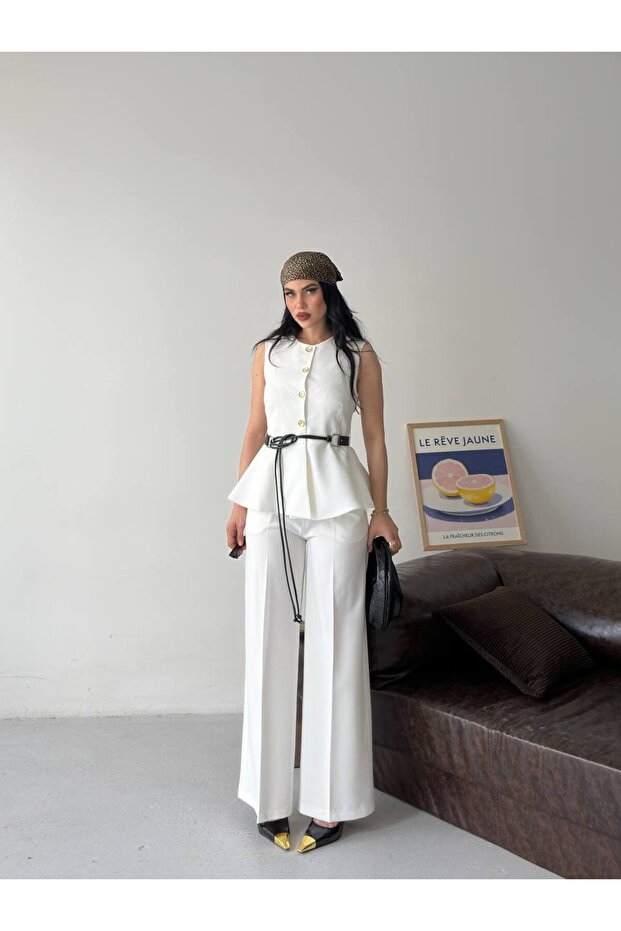 Women's Button Detailed Belted Vest Trouser Set Stylish Two-Piece Set