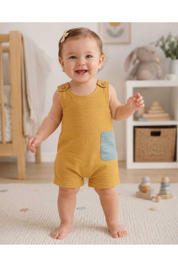 Baby Girl and Boy Muslin Fabric Shoulder Button Pocket Detailed Unisex Jumpsuit