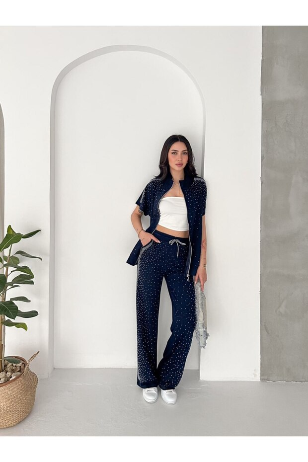 Women's Complete Stone Detailed Zippered Vest & Wide-Legged Trousers Two-Piece Set