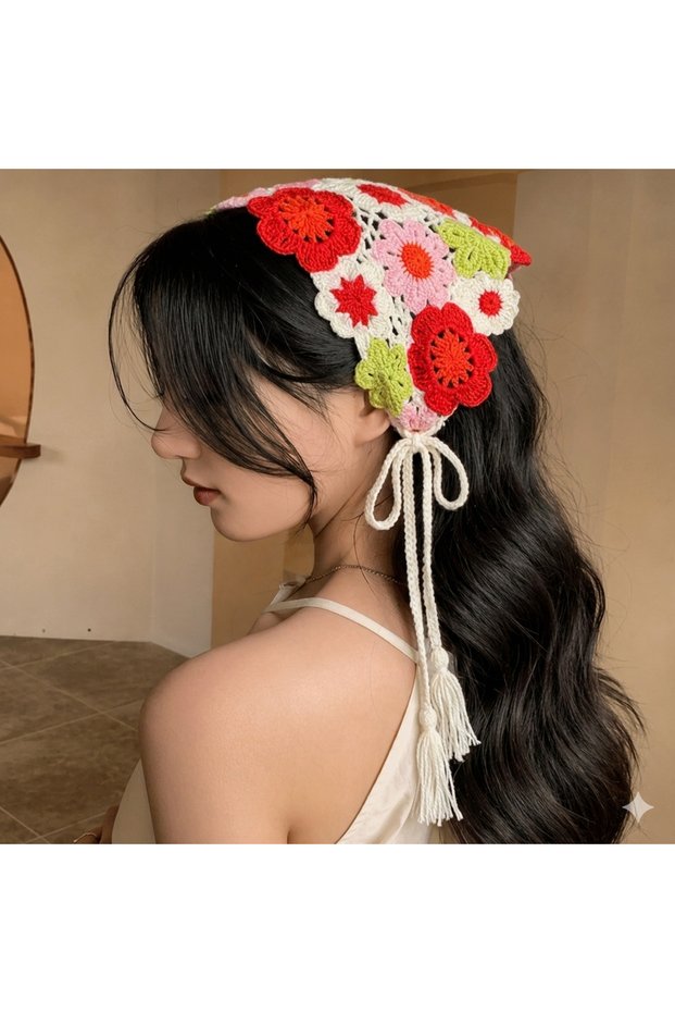 Red Pink Green Knit Triangle Bandana Daisy Hair Band Women Teen Girls Children Summer Bohemian Vintage Korean Style Moon Flower