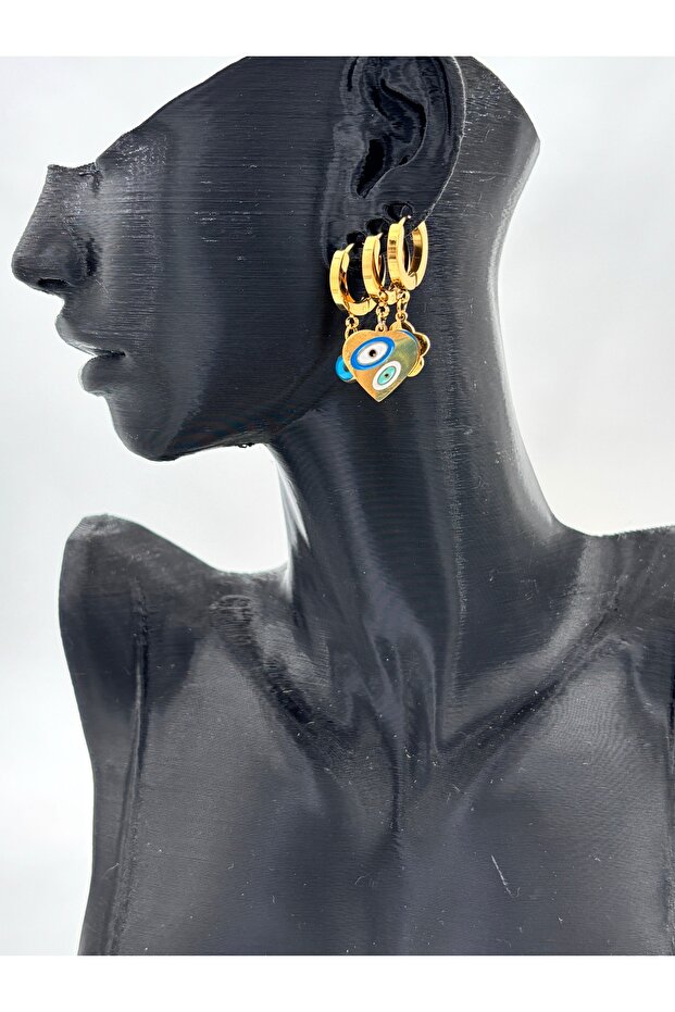 Gold Evil Eye Bead Detailed Dangle Minimalist Women's Earrings