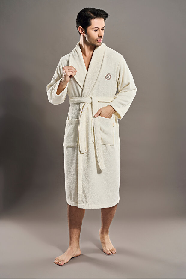 Şalyaka Men's Bathrobe Cotton Ns Embroidered Soft Textured, with Pockets & Belt Premium