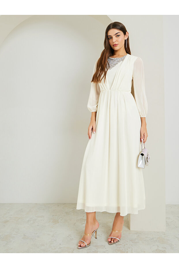 Cream Embellished Long Sleeves Maxi Dress