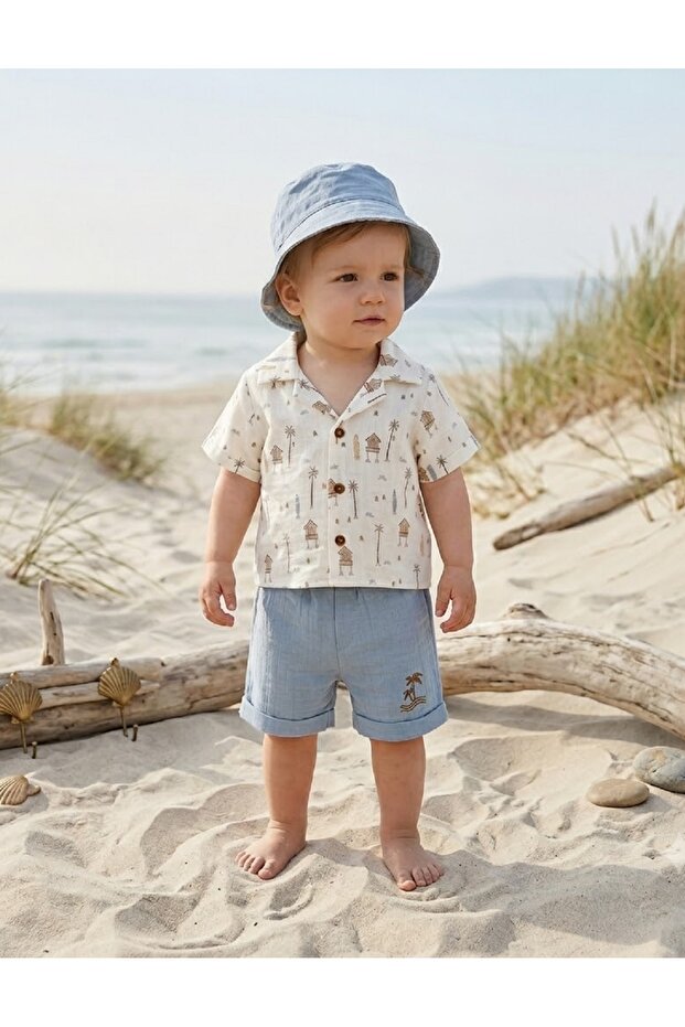 Baby Boy Muslin Linen Hat Set 3-Piece Set Palm Tree Patterned Shorts Shirt Hat Set