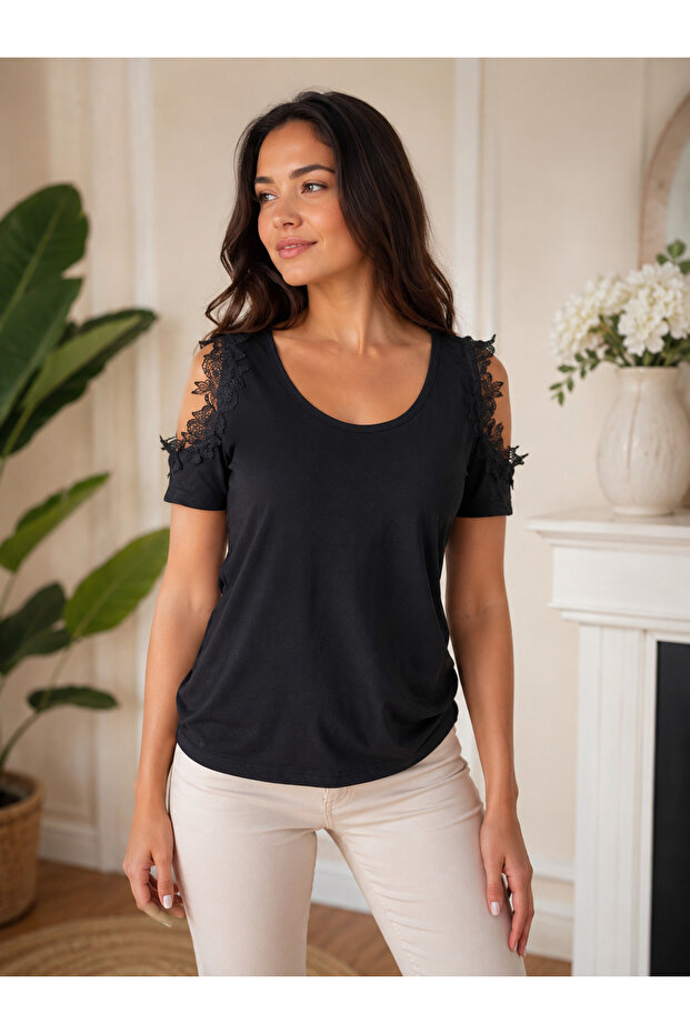 Women's Round Neck Viscose Blouse with Open Shoulder Detail