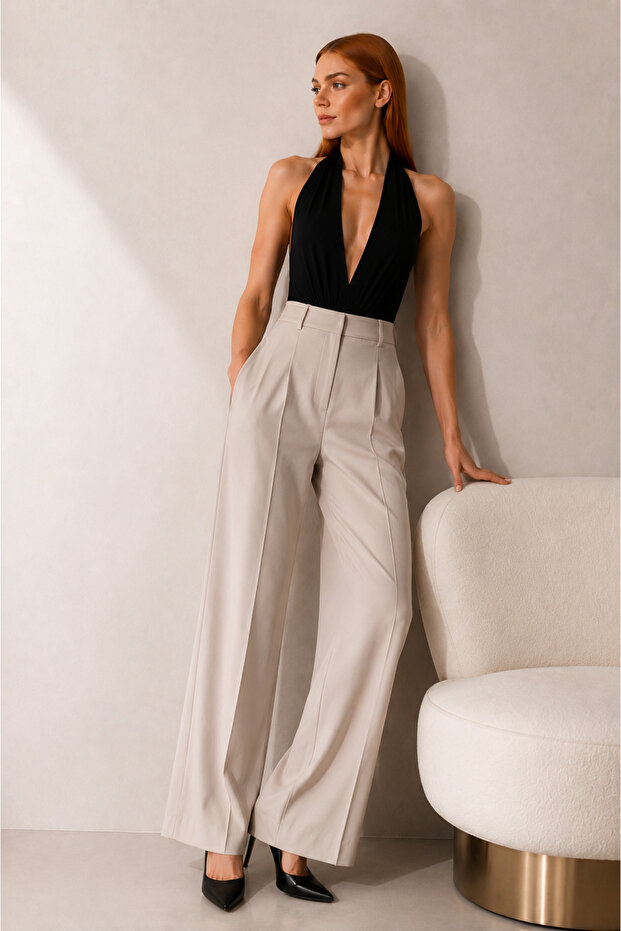 Halter Neck Deep V-Neck Women's Bodysuit Stretchy Fabric Backless Bodysuit