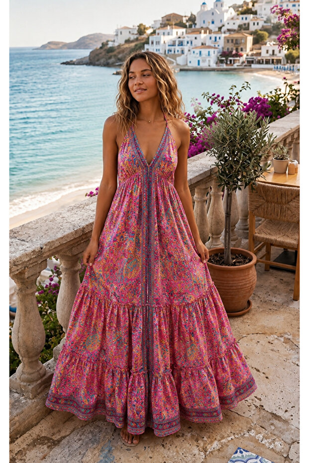 Geometric Ethnic Pattern Silk Backless Color Dress