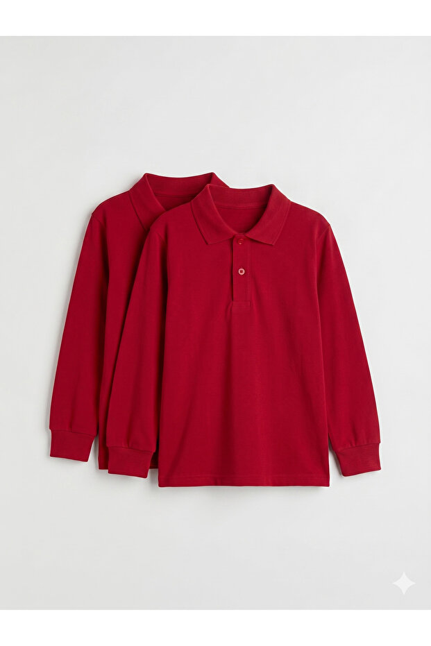 2-Pack Cotton Polo Long Sleeve School T-Shirts - Red