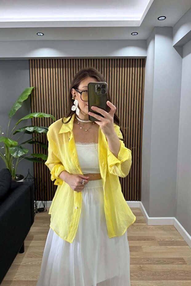 Silky Textured Oversize Shirt Yellow
