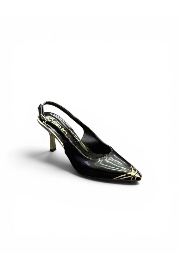 Patent Leather Women's Heeled Evening Dress Shoes Gold Detailed Stiletto Flat Open Back