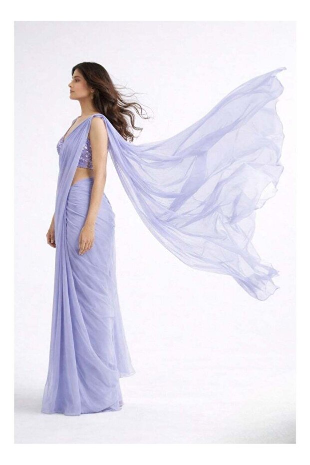 Nool Mist Solid Chiffon Saree with Complimentary Handpicked Blouse Material - 2