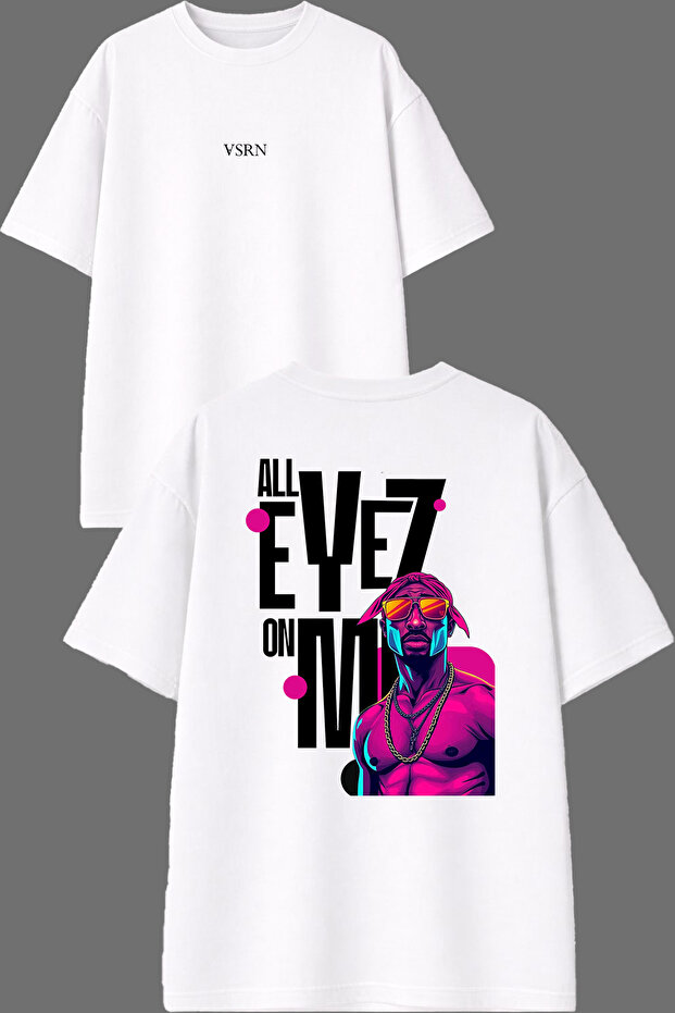 تي شيرت أبيض كبير الحجم مطبوع من الأمام والخلف بتصميم All Eyez