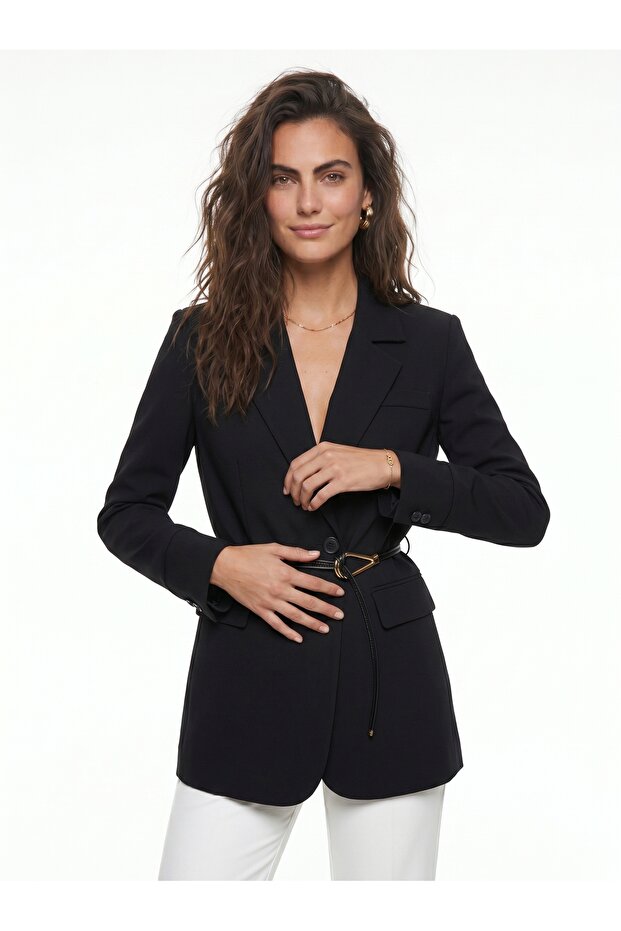 Black Cotton Blend Classic Collar Garni Sleeve Detailed Belted Lined Form Blazer Jacket