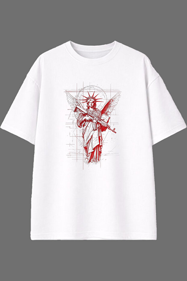 Red Freedom Design Front Printed White Oversize T-Shirt