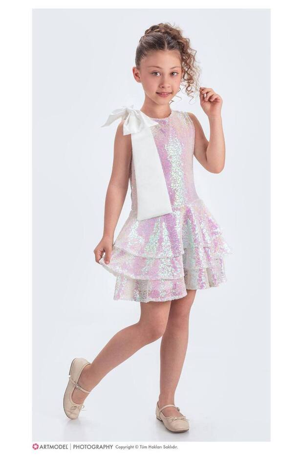 Glittery Collar Bowknot Girls' Dress