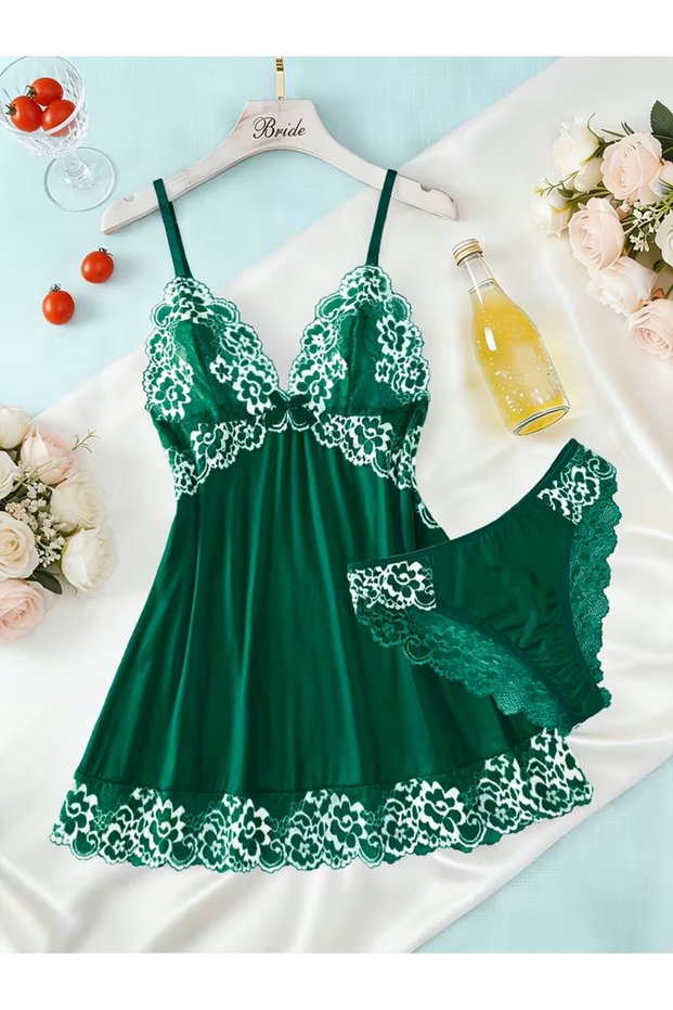 2pcs Women'S Sexy Lingerie Set -2-Piece Contrast Floral Lace Nightgown Set – V-Neck Babydoll & Matching Panty-Chemise Set-Floral Patchwork Babydoll with Panties – Elegant Sleepwear
