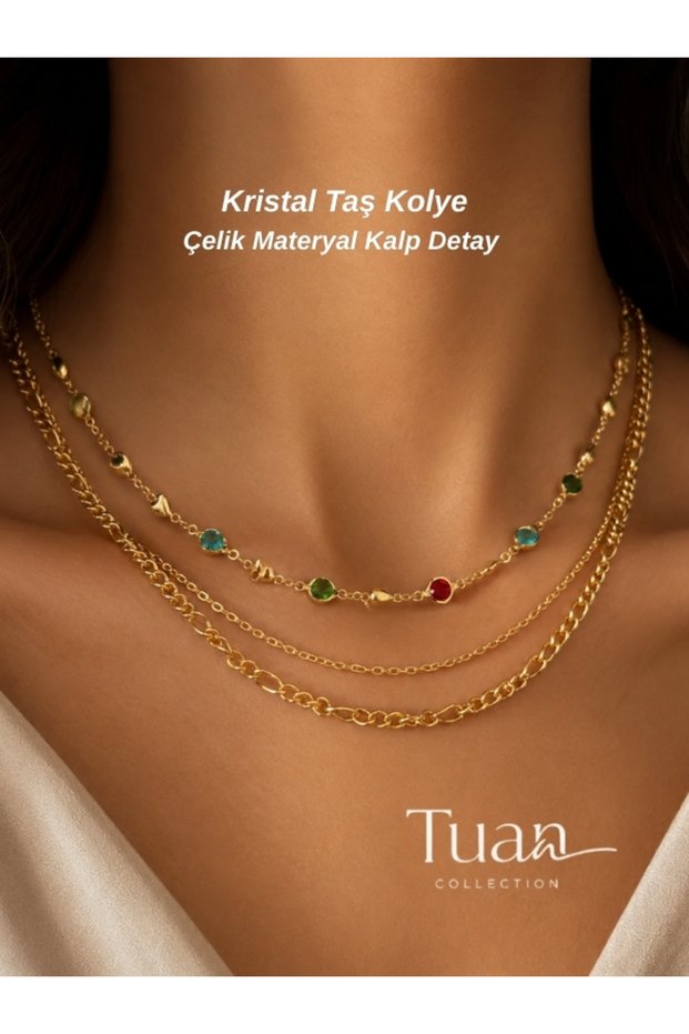 Crystal Colorful Bead Detailed Gold Necklace Triple Pendant Necklace Set