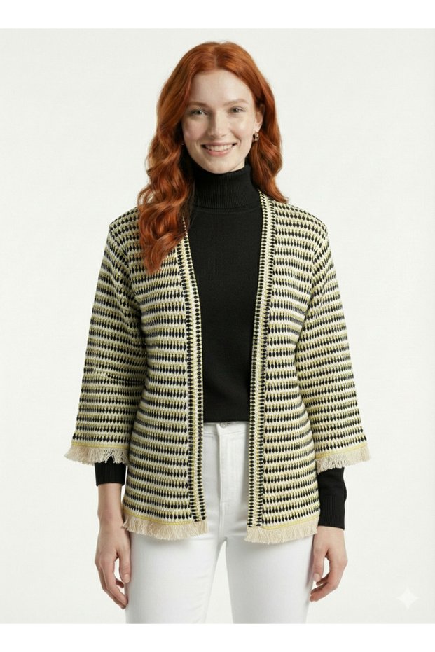 Women's Knitwear Cardigan - Patterned, Half Sleeve, Tassel Edge Detail