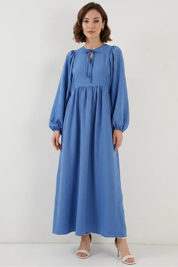 Women's Drawstring Waist Balloon Sleeve Indigo Hijab Dress