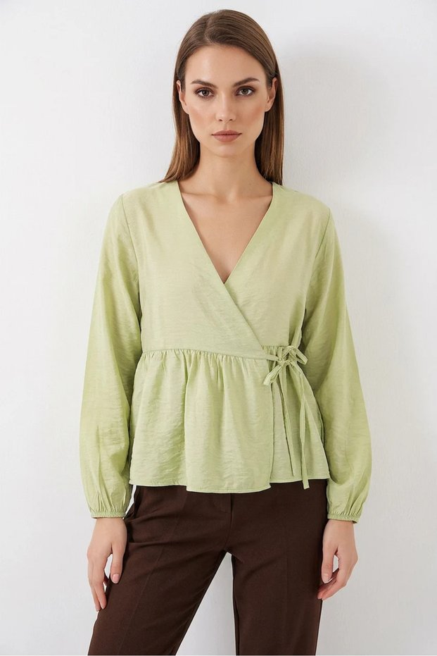 Women's V-Neck Waist Belted Side-Tie Viscose Green Blouse