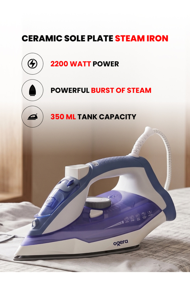 Steam Iron 2200W | Ceramic Soleplate | Anti-Drip Function | Vertical Steam Feature | Powerful & Smooth Ironing Performance | 2-Year | OG53SI | Blue