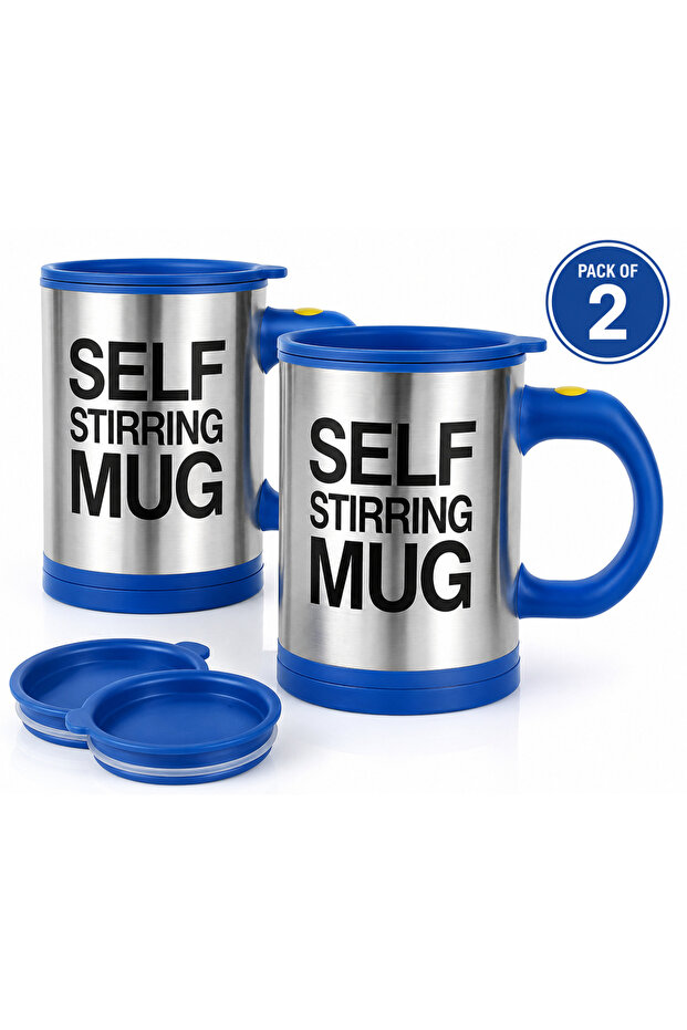 SELF STIRRING MUG – Automatic Self Mixing Coffee Cups (Pack of 2), Push Button, Battery Operated (2x AAA Each), Perfect Gift Set for Men, Office & Home Use