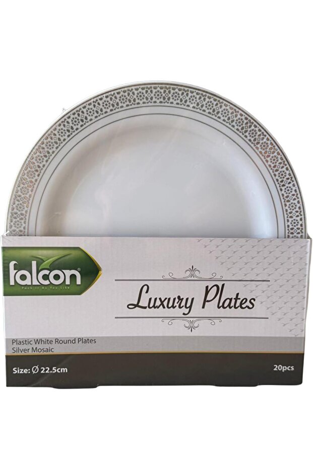 Luxury White Heavy-Duty Reusable/Disposable Round Plastic Plate with Silver Mosaic Rim (22.5 cm) - Pack of 20
