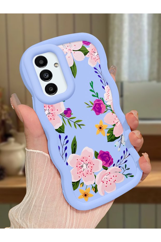 Samsung Galaxy A04S Compatible Case Camera Protector Blue Silicone Couple Phone Case Floral Pattern