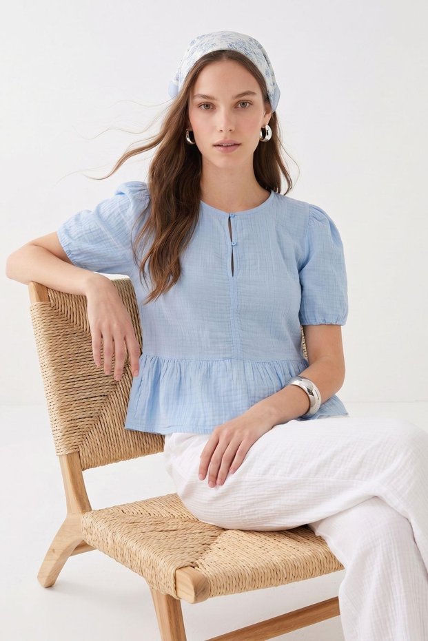 Baby Blue 100% Cotton Blouse with Drawstring Waist and Elastic Sleeves 8442A