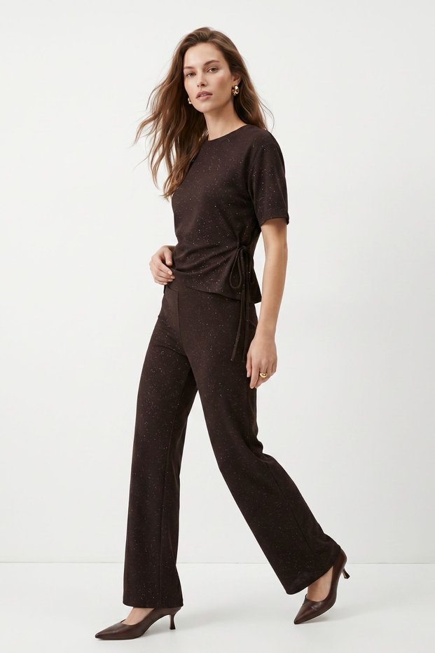 Coffee-Colored Tie-Dye Blouse and Pocketed Wide-Leg Glitter Pants Set 2893