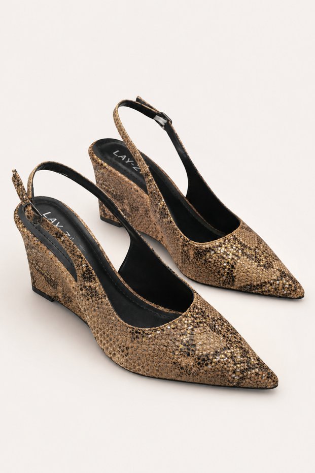 Women's Gold Brown Snake Patterned Pointed Toe Wedge Heeled Stylish Shoes