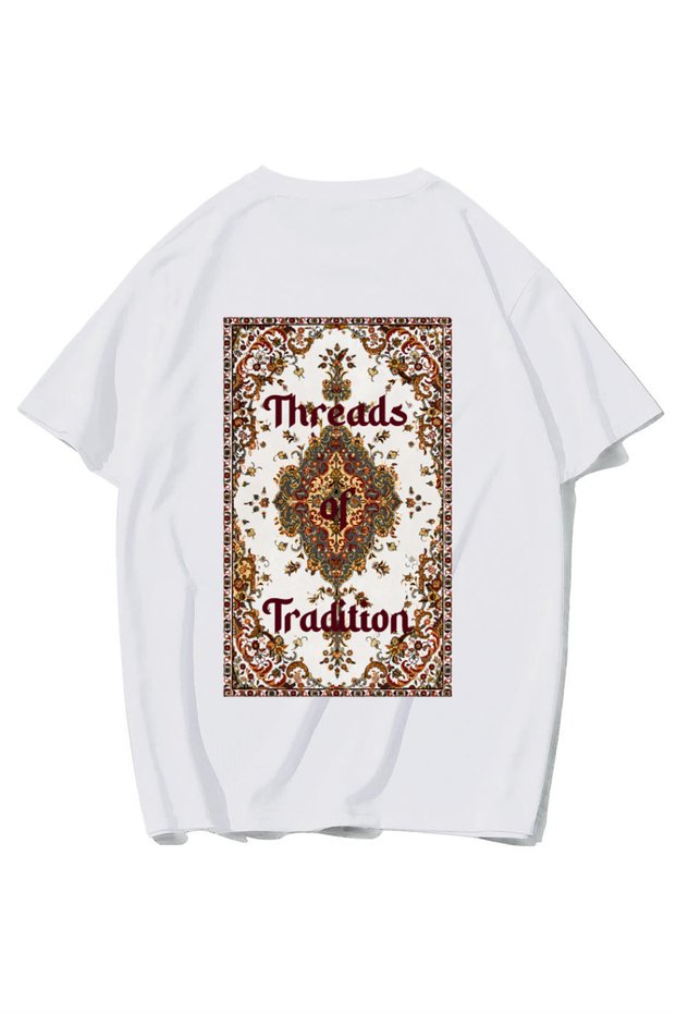 Unisex Oversize Threads of Tradition Vintage Carpet Motif T-Shirt (White)