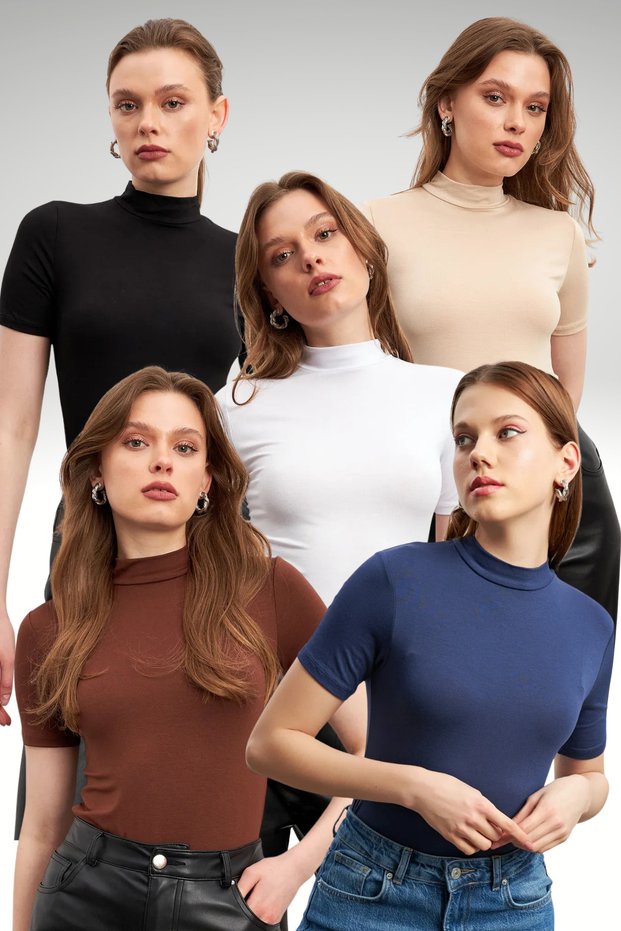 Women's 5-Pack Black White Cream Bitter Coffee Navy Blue Short Sleeve Blouse
