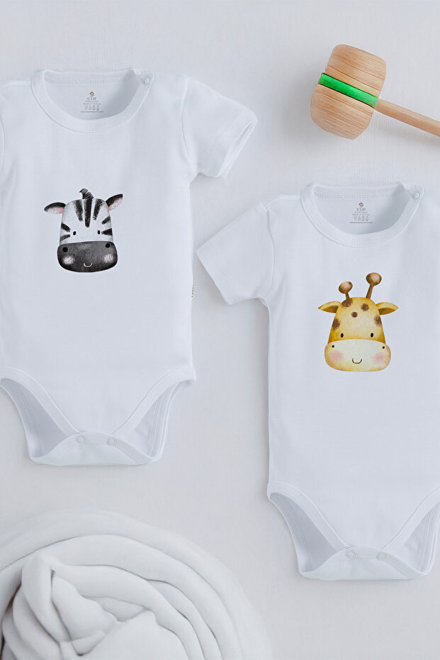 Organic 100% Cotton Cute Zebra and Giraffe Design 2-Piece Baby Bodysuit 1371-1396