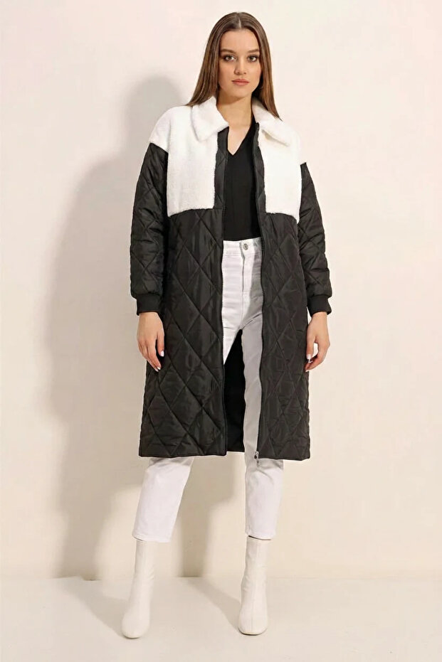Women's Shirt Collar Plush Detailed Oversize Quilted Patterned White Coat