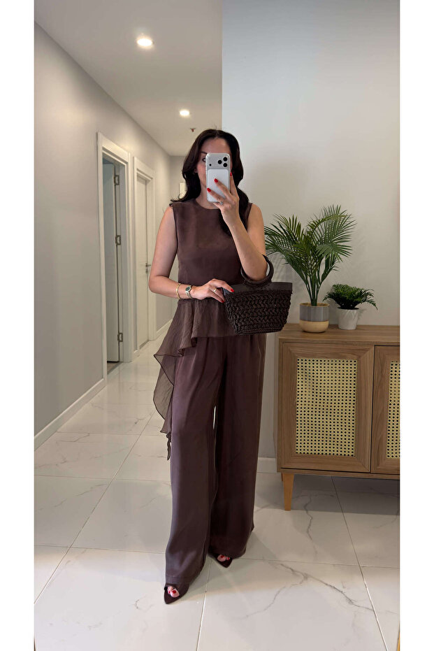 Petriz Brown Garnished Blouse and Trousers Set