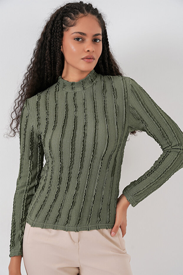Women's Textured Stretchy Knitted Blouse 1444 - Khaki